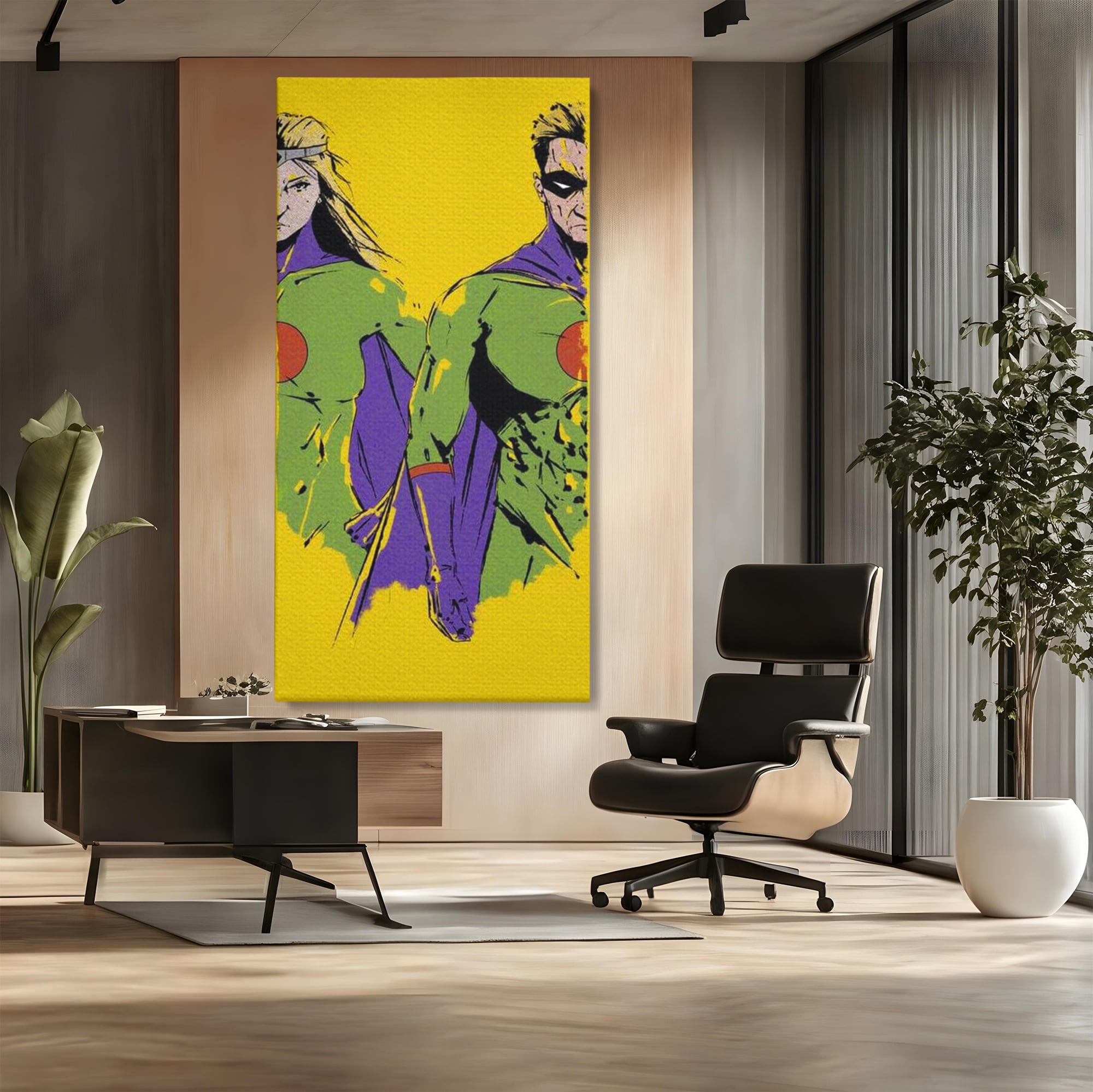Tablou canvas cu tablou canvas cu doi supereroi pe fundal galben, fara rama, pe sasiu de lemn, pe perete intr-un birou